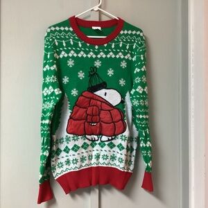 Snoopy Ugly Xmas Sweater Size Medium Peanuts Green & Red Christmas Crewneck